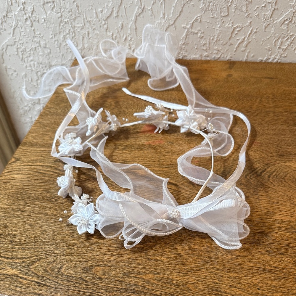 White Floral Ribbon Headband